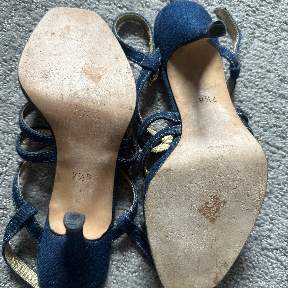 Escada Denim & Gold Whipstitch Strappy High Heel Sandals Size 7.5B - Picture 3 of 5